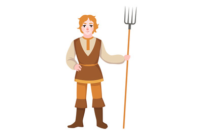 Peasant man with pitchfork. Ancient farmer. Medieval character