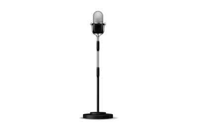 Realistic microphone on stand. Black concert mic