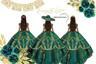 Emerald Green Princess Dress Clipart, Green Flowers watercolor