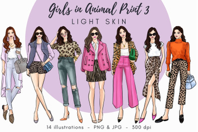 Girls in animal print 3 - light skin Watercolor Fashion Clipart