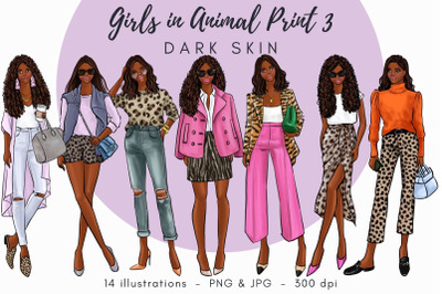 Girls in animal print 3 - dark skin Watercolor Fashion Clipart