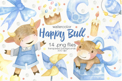Watercolor Little Bull Clipart - PNG Files