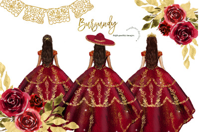 Burgundy &amp; Gold Princess Dress Clipart, Burgundy Flowers Clipart