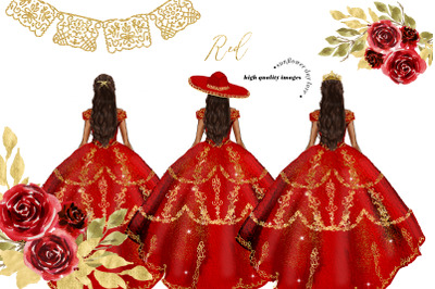 Red &amp; Gold Princess Dress Clipart, Miss Quince Clipart