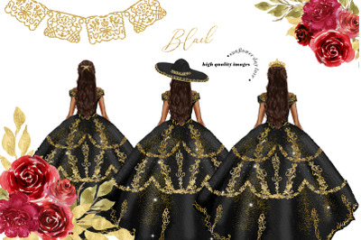 Black and Gold Princess Clipart, Red and Gold Flowers