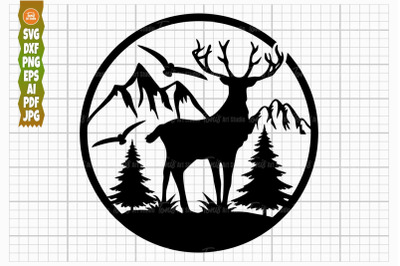 Wildlife Scene SVG, Deer Cut File, Mountain Svg