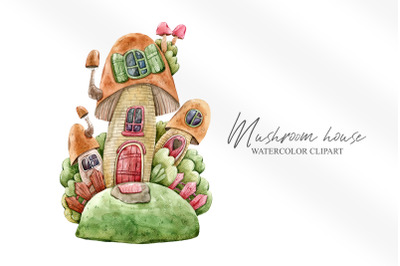 Watercolor cute mushroom house clipart/ illustration - 1 png