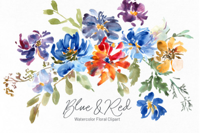 Blue &amp; Red Watercolor Flowers