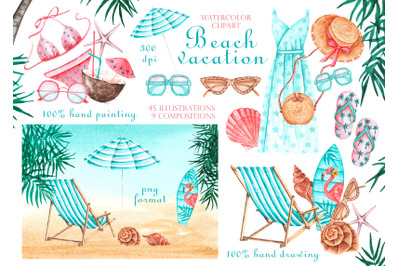 Beach vacation watercolor clipart. Sea. Summer holiday. Seascape.