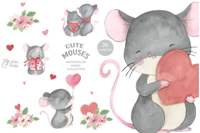 MOUSE clipart. Watercolor Valentine day. Cute mice png