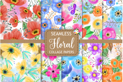 Seamless Watercolor Floral Collage Pattern Papers Set 3