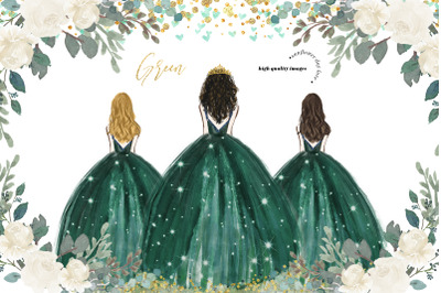 Emerald Green Princess Dress and Moon Clipart, White Flowers clipart