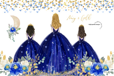Elegant Navy &amp; Gold Blue Princess Dresses Clipart, Over the moon