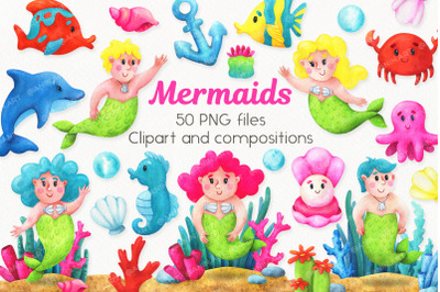Funny colorful mermaids watercolor clipart