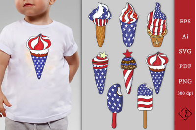 Patriotic Ice Cream. Clip art. Sublimation. 4 July