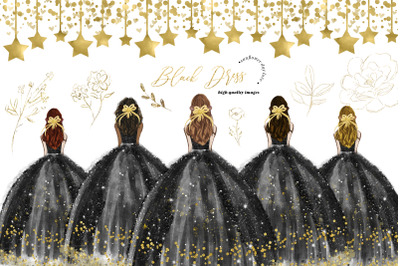 Elegant Black and Gold Princess Clipart, Gold Flowers clipart