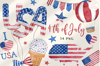 4th of July Clipart. Watercolor American Patriotic PNG. USA flag