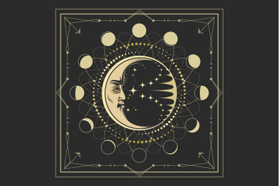 Crescend Moon in a Circle of Lunar Phases Astrological Emblem