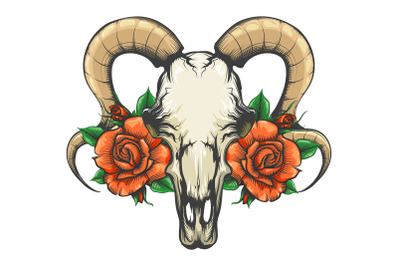 Goat Skull with Rose Flowers Tattoo