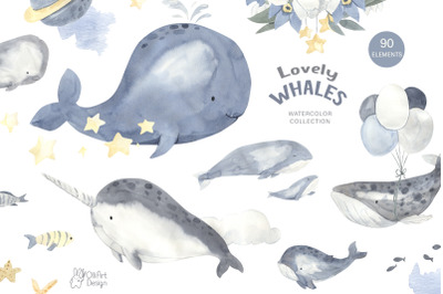WHALES watercolor clipart