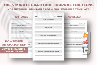 The 5-Minute Gratitude Journal For Teens KDP Interior