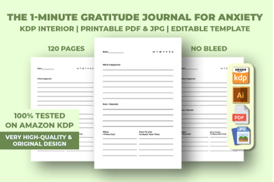 The 1-Minute Gratitude Journal For Anxiety KDP Interior