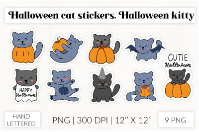 Halloween cats. Cute Halloween kitties stickers set