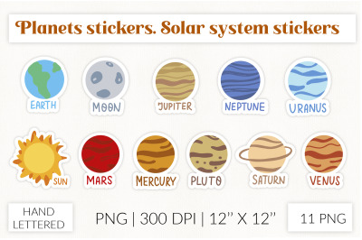 Planet stickers. Solar system stickers. Space stickers