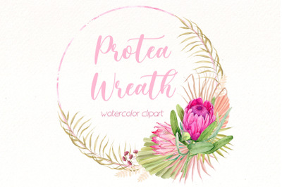 Watercolor Protea wreath clipart Bundle | Pink tropical png.