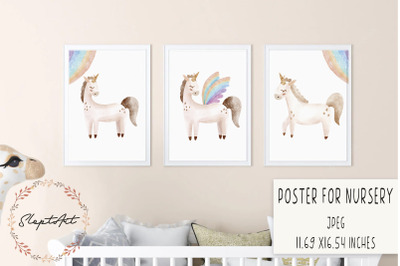 Watercolor unicorn poster set JPEG