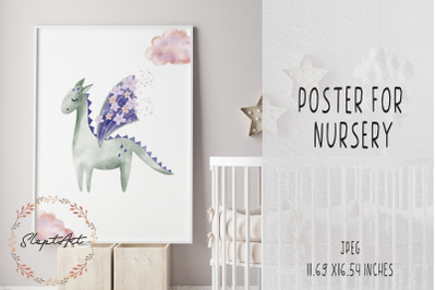 Watercolor fairy dragon poster for nursery JPEG