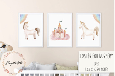 Watercolor fairy unicorn poster for nursery JPEG