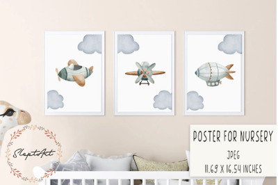 Watercolor airplane poster for nursery JPEG