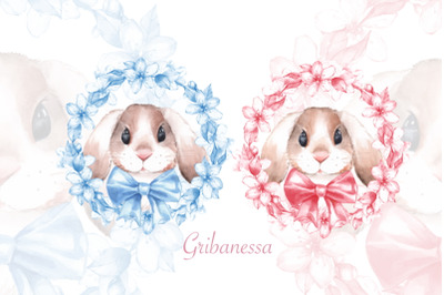 Bunny with flowers. Watercolor clipart