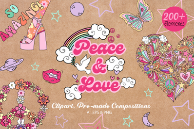 Peace and Love Retro Art clipart set