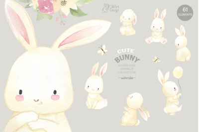 BUNNY clipart. Watercolor woodland nursery png
