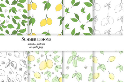 Summer lemons set of vector seamless patterns