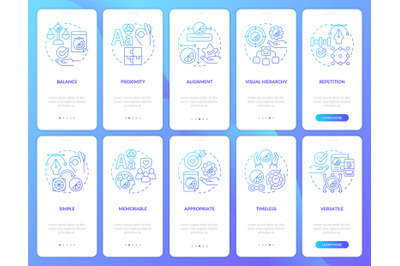 Design principles blue gradient onboarding mobile app screen set