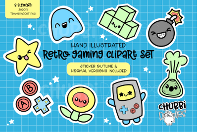 Retro Gaming Illustrations - Clipart Set - Game Stickers PNG