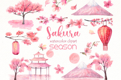 Sakura Blossom watercolor clipart |  Spring landscape print