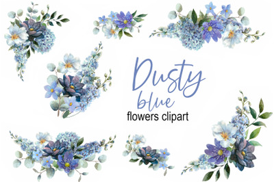 Watercolor dusty blue flowers.