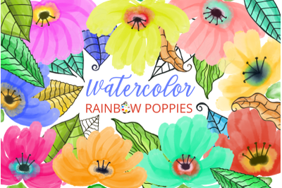 Watercolor Rainbow Poppy Flowers and Leaves