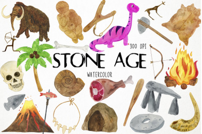 Watercolor Stone Age Clipart, Prehistory Clipart, Neanderthal Clipart