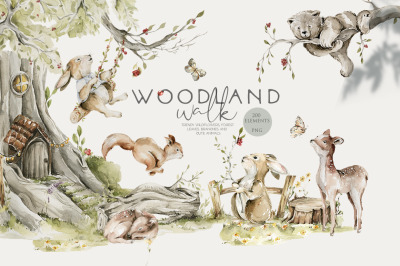 Woodland baby animals Field flowers clipart
