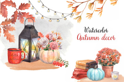 Watercolor autumn decor compositions with pumpkins