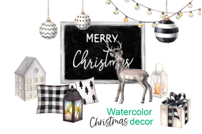 Watercolor black,white Christmas decor clipart