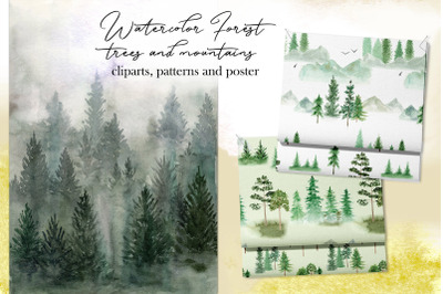 Watercolor forest mountains and trees. Cliparts and Patterns