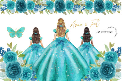 Aqua &amp; Teal Princess Dresses Clipart, Butterfly Quinceanera