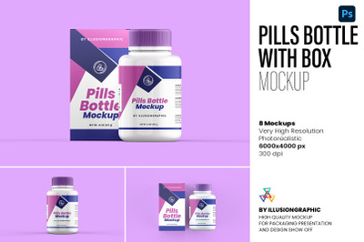 Pills Bottle with Box Mockup - 8 views
