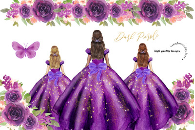 Elegant Dark Purple Princess Dress Clipart, Dark Purple Flowers